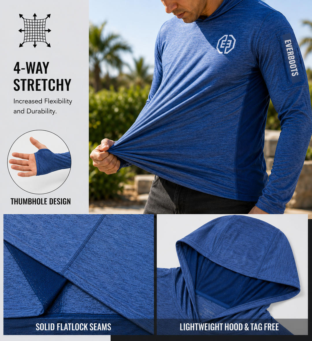 4-way stretch fabric with thumbholes, flatlock seams, lightweight hood